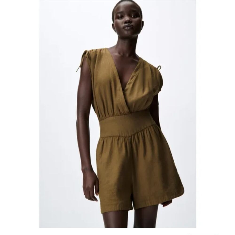 ZARA NWT LINEN BLEND SHORT JUMPSUIT KHAKI BROWN‎ SIZE Medium